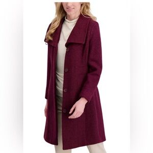 Kenneth Cole Wool-Blend Long Coat in Burgundy - Women’s Classic Button Front